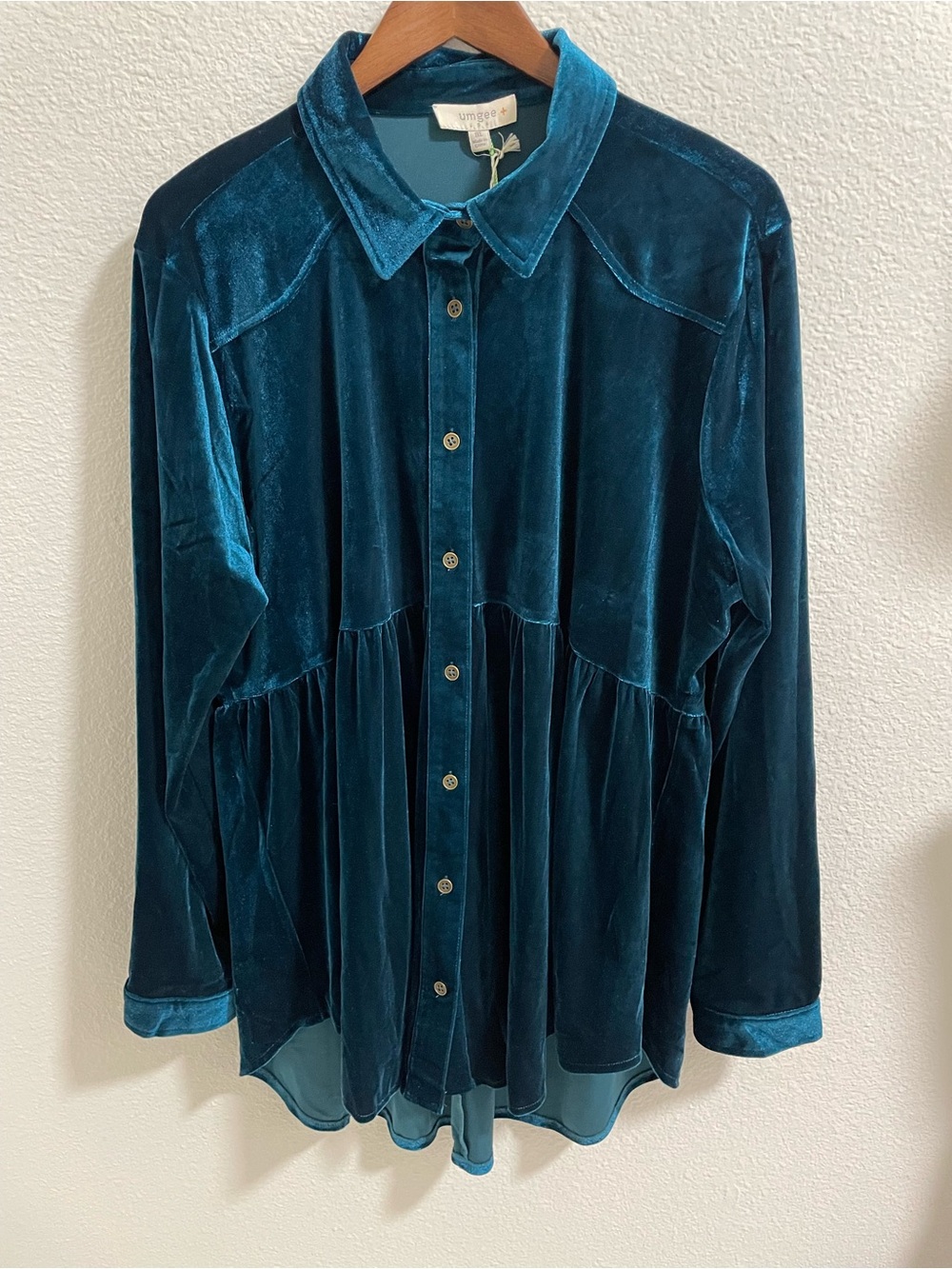 Umgee Velvet Button-Down Blouse in Teal NEW